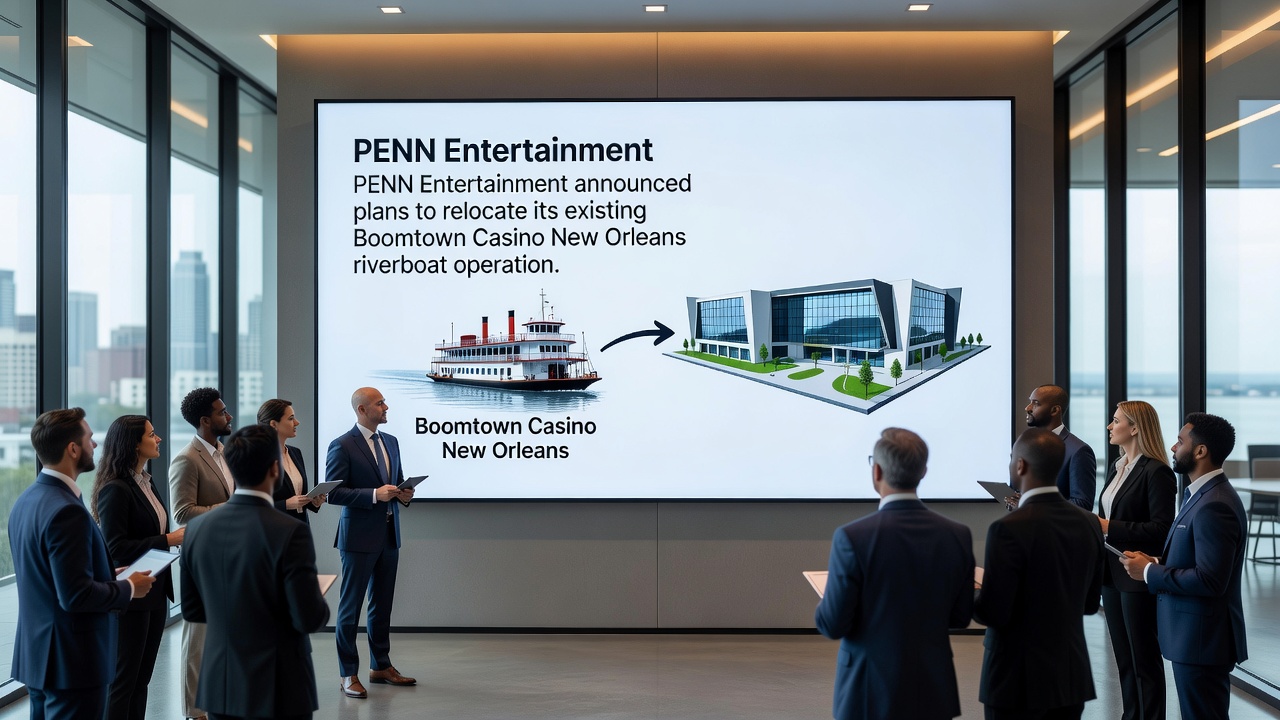 Construction site rendering showing a large land-based casino complex with parking structures and landscaping near a waterfront area